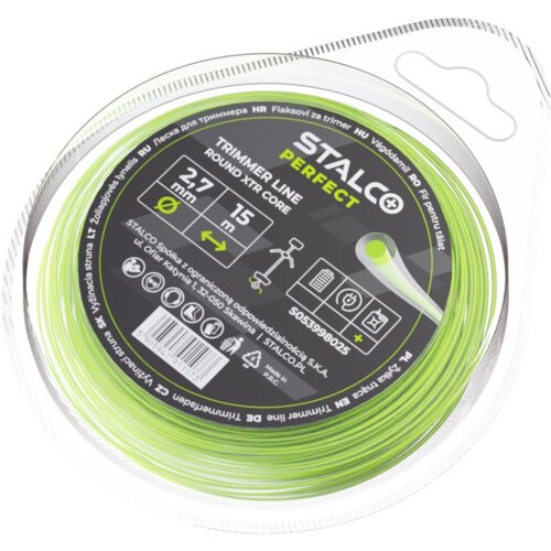 Opakowanie produktu "Żyłka do kosy STALCO PERFECT S053998025" zawiera zieloną żyłkę o średnicy 2,7 mm i długości 15 m. Na etykiecie widnieje napis "STALCO PERFECT TRIMMER LINE ROUND XTR CORE" oraz różne piktogramy i informacje techniczne.