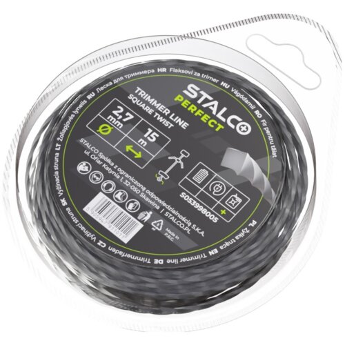 Opakowanie produktu "Żyłka do kosy STALCO PERFECT S053998005" zawiera czarną żyłkę o przekroju kwadratowym, o średnicy 2,7 mm i długości 15 m. Na etykiecie widnieje logo STALCO PERFECT oraz informacje techniczne i piktogramy dotyczące produktu.