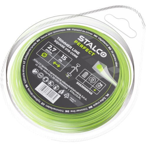 Opakowanie zawiera zieloną żyłkę do kosy o długości 15 m i średnicy 2,7 mm, z oznaczeniem "STALCO PERFECT" oraz kodem "S053998045". Na etykiecie widnieją również piktogramy i informacje w kilku językach dotyczące produktu.