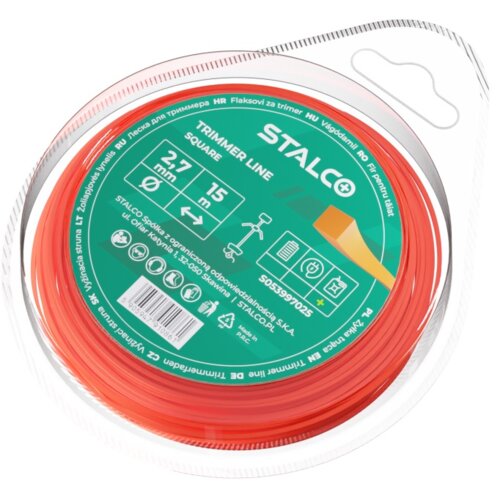 Na zdjęciu znajduje się opakowanie żyłki do kosy marki STALCO, oznaczonej jako "Trimmer Line Square" o średnicy 2,7 mm i długości 15 m. Widoczny jest numer produktu S053997025 oraz różne piktogramy i informacje w kilku językach.