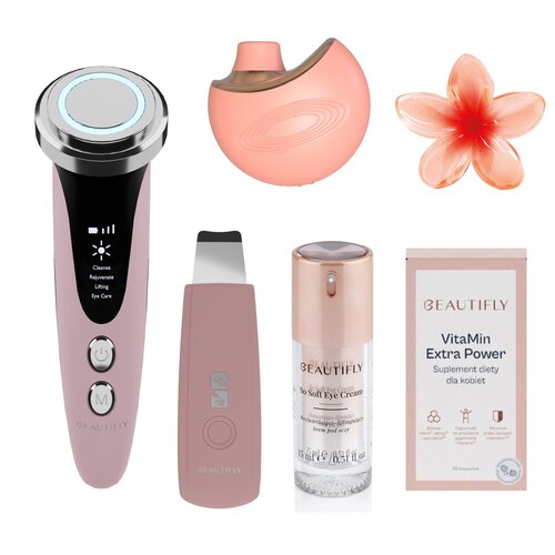 Zestaw BEAUTIFLY Masażer SucSetter Delight + Urządzenie do mezoterapii bezigłowej B-Glossy Blush + Urządzenie do peelingu kawitacyjnego B-Scrub Blush 26 kHz + Klamra do włosów A08 Kwiatek + Krem pod oczy So Soft Eye Cream 15 ml + Suplement diety Vitamin Extra Power (30 szt.)