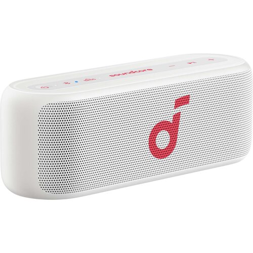 Biały głośnik mobilny z widocznym czerwonym logo na przedniej kratce oraz przyciskami na górnej powierzchni, w tym symbolem zasilania i ikonami Bluetooth. Na górze znajduje się również napis "soundcore".