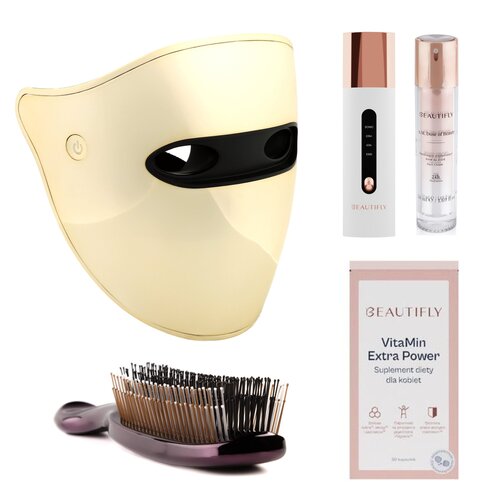 Zestaw BEAUTIFLY Maska LED do Fototerapii Aura GOLD + Urządzenie do peelingu kawitacyjnego B-Scrub PRO Slim 29 kHz + Szczotka do włosów Essa Hair Brush + Krem A.M. Dose of Beauty 50 ml + Suplement diety Vitamin Extra Power (30 szt.)