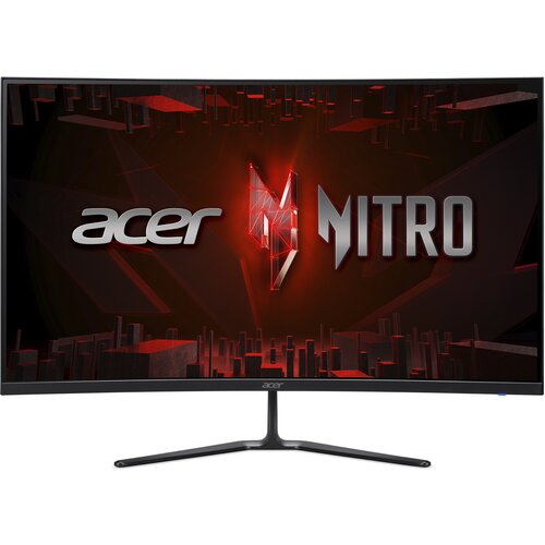 Monitor z zakrzywionym ekranem wyświetla grafikę z logo "acer" i "NITRO" na tle czerwonych, geometrycznych kształtów. Na dolnej ramce monitora widoczne jest logo "acer".