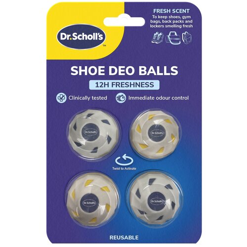 Opakowanie produktu Dr. Scholl's Shoe Deo Balls zawiera cztery kulki dezodorujące, z których każda ma widoczne logo Dr. Scholl's. Na opakowaniu znajdują się napisy: "FRESH SCENT", "SHOE DEO BALLS", "12H FRESHNESS", "Clinically tested", "Immediate odour co