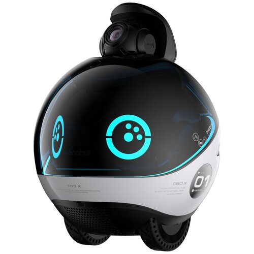 Na zdjęciu znajduje się biały inteligentny robot o zaokrąglonym kształcie z czarną, błyszczącą powierzchnią, na której widoczne są niebieskie, świecące wzory. Na robocie widnieje napis "EBO X" oraz cyfry "01", a także logo "enabot".