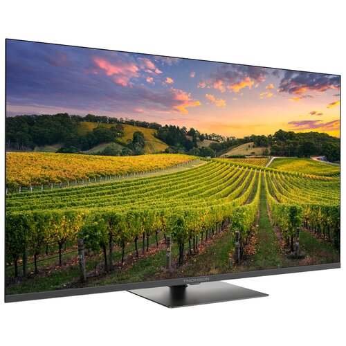 Telewizor wyświetla obraz przedstawiający malownicze winnice o zachodzie słońca, z widocznymi rzędami winorośli i pagórkowatym krajobrazem w tle. Na dolnej ramce telewizora znajduje się logo "THOMSON".