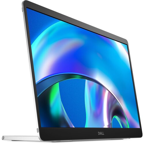 Przedstawiony jest monitor z cienkimi ramkami, wyświetlający kolorową grafikę z dominującymi odcieniami niebieskiego i zielonego. Na dolnej ramce widoczne jest logo "DELL".