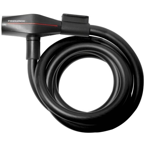 Czarne zapięcie rowerowe w formie spirali z widocznym logo "TRELOCK" na obudowie zamka. Produkt ma gładką powierzchnię i jednolity kolor.