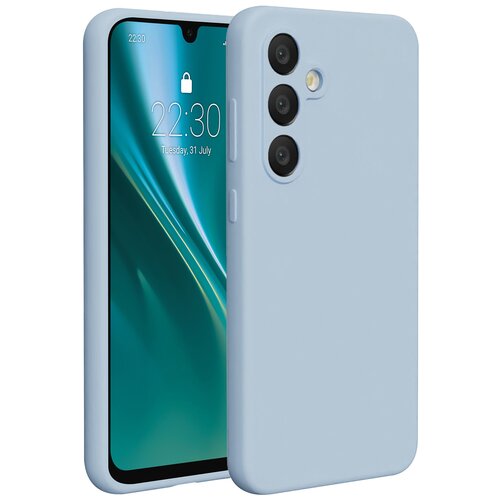 Jasnoniebieskie etui silikonowe na telefon z trzema otworami na aparaty i jednym na lampę błyskową. Na ekranie telefonu widoczny jest zablokowany ekran z godziną 22:30 i datą "Tuesday, 31 July".