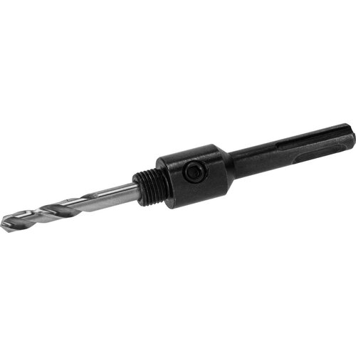 Na zdjęciu znajduje się metalowy adapter do otwornic z wiertłem, wykonany z ciemnego materiału, z widocznym gwintem i otworem na klucz. Produkt ma prostą, cylindryczną formę z wyraźnymi krawędziami.