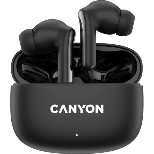 Czarne słuchawki dokanałowe umieszczone w otwartym etui ładującym, na którym widnieje logo "CANYON".