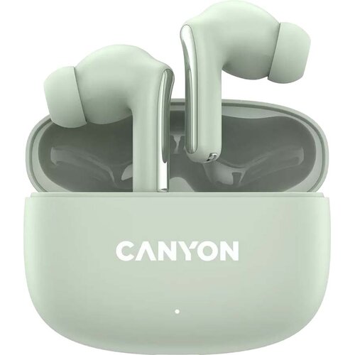 Zielone słuchawki dokanałowe umieszczone w otwartym etui ładującym, na którym widnieje logo "CANYON". Słuchawki mają nowoczesny design z gładkimi, zaokrąglonymi krawędziami.