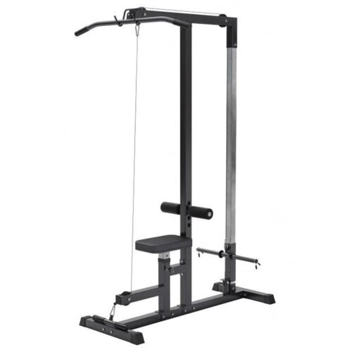 Na zdjęciu znajduje się czarny wyciąg górny i dolny marki Gorilla Sports, model 2974, z metalową konstrukcją i siedziskiem. Urządzenie posiada uchwyty oraz linki do ćwiczeń siłowych.