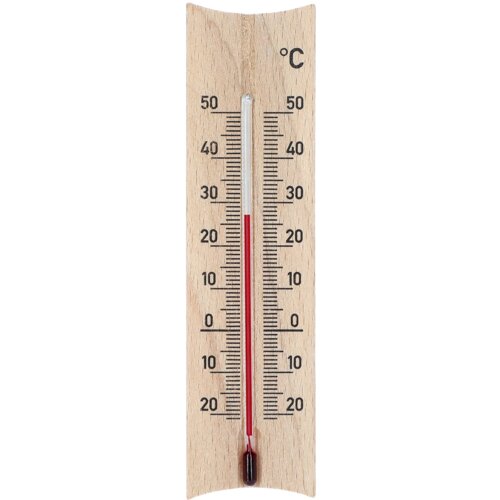 Drewniany termometr pokojowy z podziałką w stopniach Celsjusza od -20 do 50, z czerwonym wskaźnikiem temperatury. Na górze widoczny jest symbol stopnia Celsjusza "°C".
