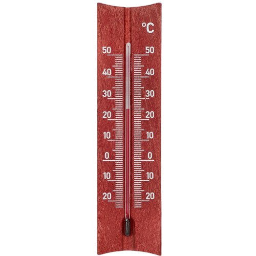 Drewniany termometr pokojowy z czerwoną skalą, oznaczeniami temperatury od -20 do 50 stopni Celsjusza oraz symbolem "°C" na górze. Termometr ma szklaną rurkę z czerwonym wskaźnikiem poziomu cieczy.