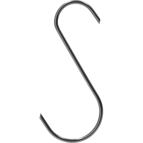 Zdjęcie przedstawia metalowy hak w kształcie litery "S" na białym tle. Produkt jest wykonany z gładkiego, błyszczącego metalu.