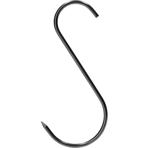 Zdjęcie przedstawia metalowy hak w kształcie litery "S" z ostrymi zakończeniami. Produkt jest wykonany z ciemnego metalu i nie zawiera żadnych widocznych napisów ani logo.