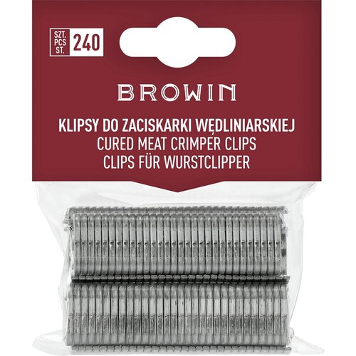 Opakowanie zawiera 240 klipsów do zaciskarki wędliniarskiej marki Browin, widocznych przez przezroczystą folię. Na górze opakowania znajduje się napis: "BROWIN KLIPSY DO ZACISKARKI WĘDLINIARSKIEJ CURED MEAT CRIMPER CLIPS CLIPS FÜR WURSTCLIPPER".