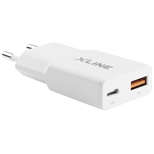 Biała ładowarka sieciowa z dwoma portami, oznaczonymi jako 20W i 18W, z widocznym logo "XLINE" na obudowie. Produkt posiada wtyczkę do gniazdka elektrycznego.