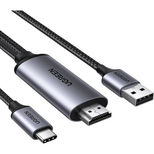 Na zdjęciu widoczny jest kabel z trzema różnymi złączami: HDMI, USB Typ-C i USB, z plecionym przewodem. Na obudowie kabla znajduje się napis "UGREEN".