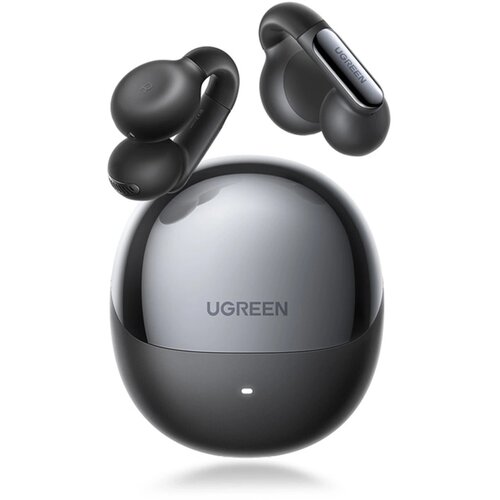 Czarne słuchawki bezprzewodowe UGREEN HiTune S5 WS210 są przedstawione wraz z etui ładującym, na którym widnieje logo "UGREEN". Słuchawki mają nowoczesny design z widocznymi elementami konstrukcyjnymi.