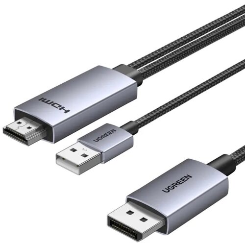 Na zdjęciu widoczny jest kabel z dwoma różnymi złączami: DisplayPort i HDMI, z plecionym przewodem. Na obudowach złączy widoczne są napisy "UGREEN" i "HDMI".