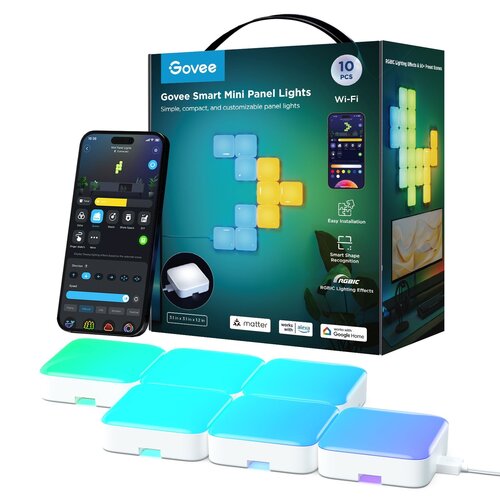 Opakowanie produktu "Govee Smart Mini Panel Lights" zawiera 10 paneli świetlnych, a na jego powierzchni widoczne są grafiki przedstawiające różne konfiguracje paneli oraz ekran smartfona z aplikacją do sterowania. Na opakowaniu znajdują się napisy: "Simpl