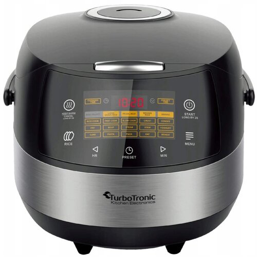 Czarny multicooker z wyświetlaczem cyfrowym pokazującym godzinę 10:20 oraz przyciskami do wyboru programów gotowania, takich jak "RICE COOK", "FAST COOK", "SLOW COOK", "STEAM", "YOGHURT", "CAKE", "PASTA", "PIZZA", "OAT", "REHEAT". Na urządzeniu widoczne j