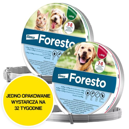 Obroża FORESTO przeciw kleszczom i pchłom dla psów powyżej 8 kg (70 cm) + Obroża FORESTO przeciw kleszczom i pchłom dla psów i kotów do 8 kg (38 cm)