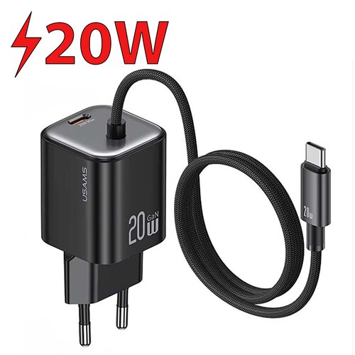Czarna ładowarka sieciowa z napisem "USAMS" i "20W GaN" na obudowie, z dołączonym kablem USB-C, na końcówce którego widnieje napis "20W". W górnej części obrazu znajduje się czerwony napis "20W" z symbolem błyskawicy.