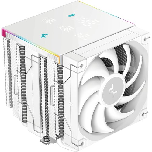 Białe chłodzenie CPU z widocznym wentylatorem i żebrowaniem, na górnej powierzchni znajduje się wyświetlacz z ikoną termometru oraz cyfrowymi oznaczeniami. Na obudowie widoczne jest logo producenta.
