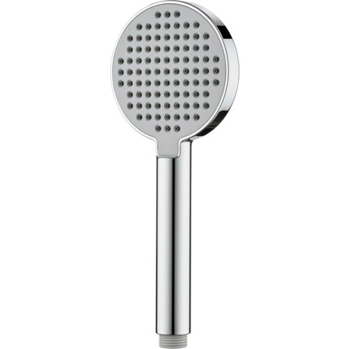 Chromowana słuchawka prysznicowa o okrągłej głowicy z licznymi dyszami, połączona z prostą, gładką rączką. Produkt ma nowoczesny design i jednolitą, błyszczącą powierzchnię.