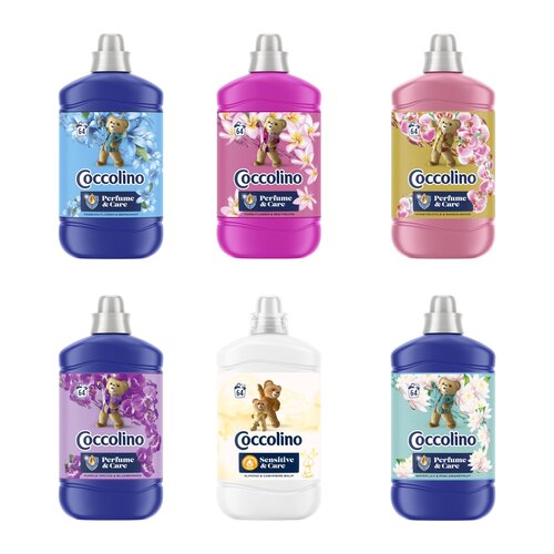 Zestaw płynów do płukania COCCOLINO Passion Flower & Bergamot, Tiare Flower & Red Fruits, Honeysuckle & Sandalwood, Purple Orchid & Blueberries, Sensitive Almond & Cashmere Balm, Water Lily & Pink Grapefruit 6 x 1600 ml