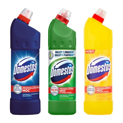 Zestaw płynów do czyszczenia toalety DOMESTOS Original, Przedłużona Moc Citrus Fresh, Przedłużona Moc Pine Fresh 3 x 1000 ml