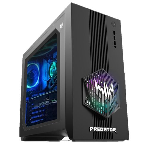 Czarna obudowa komputera z podświetleniem RGB widocznym przez boczny panel, z przodu logo "Predator" oraz sześciokątny element z kolorowym podświetleniem. Na karcie graficznej wewnątrz obudowy widoczny napis "GeForce RTX".