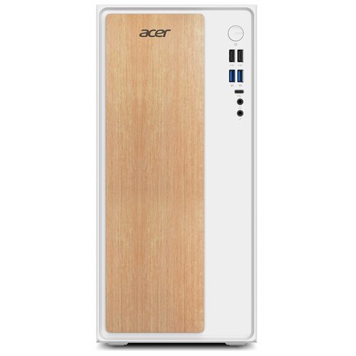 Biało-drewniana obudowa komputera stacjonarnego z logo "acer" na górze. Obok panelu drewnianego znajdują się przyciski i porty USB oraz audio.