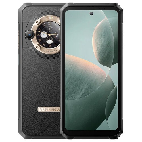 Smartfon Blackview BL9000 5G 12/512GB 6.78" 120Hz w kolorze złotym, z widocznym logo Blackview na tylnej obudowie oraz okrągłym elementem z napisem "AI Camera". Na ekranie wyświetlany jest abstrakcyjny motyw w odcieniach zieleni i pomarańczu.
