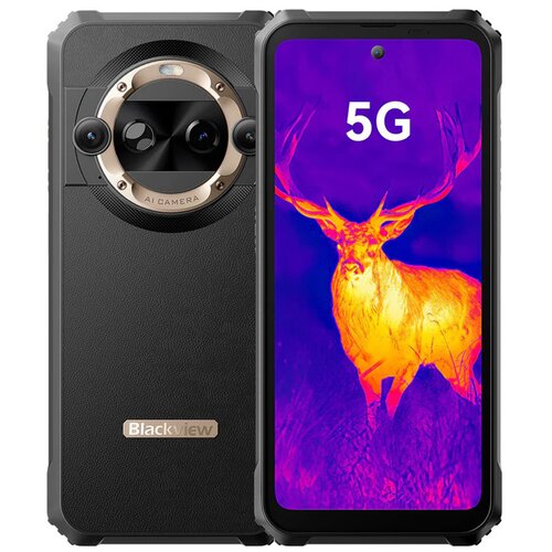 Smartfon z widocznym ekranem wyświetlającym obraz termowizyjny jelenia oraz napisem "5G", obok tylna część urządzenia z okrągłym modułem aparatu i napisem "AI CAMERA". Na obudowie znajduje się logo "Blackview".
