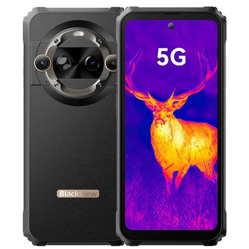 Smartfon z przodu i z tyłu; na ekranie widoczny jest obraz termowizyjny jelenia z napisem "5G". Na tylnej obudowie znajduje się okrągły moduł aparatu z napisem "AI Camera" oraz logo "Blackview".