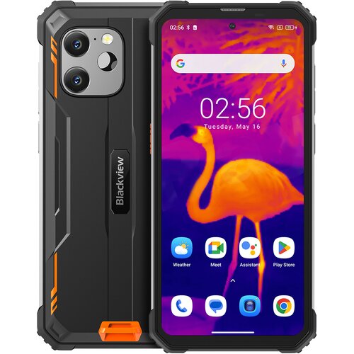 Smartfon Blackview BV8900 8/256GB 6.5" w kolorze pomarańczowym, z widocznym ekranem wyświetlającym kolorowy obraz flaminga oraz ikonami aplikacji takimi jak Weather, Meet, Assistant i Play Store. Na obudowie znajduje się logo "Blackview".