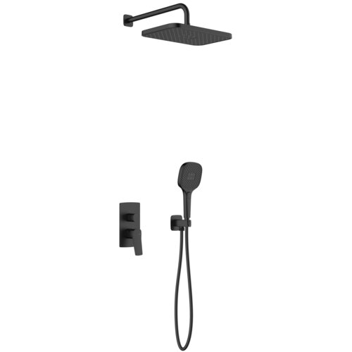 Czarny zestaw prysznicowy podtynkowy z deszczownicą, słuchawką prysznicową i prostokątną baterią. Produkt ma nowoczesny design z matowym wykończeniem.
