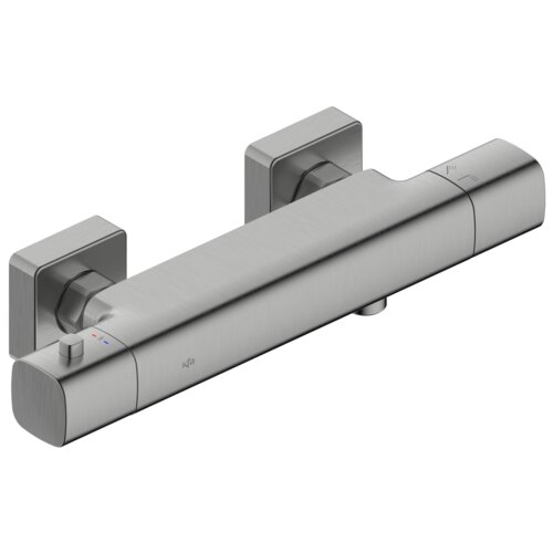 Bateria natryskowa w kolorze gun metal grey z wykończeniem PVD, o nowoczesnym, prostokątnym kształcie z zaokrąglonymi krawędziami. Na powierzchni widoczne są oznaczenia temperatury oraz logo "kfa".