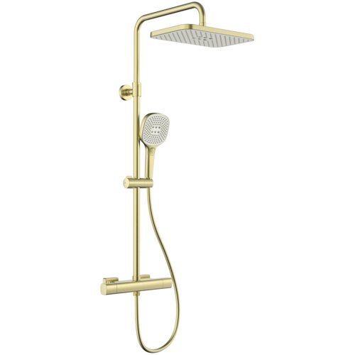 Zestaw prysznicowy w kolorze złotym szczotkowanym, składający się z deszczownicy, słuchawki prysznicowej i baterii natynkowej. Produkt ma nowoczesny design z prostokątną deszczownicą i okrągłymi elementami mocującymi.