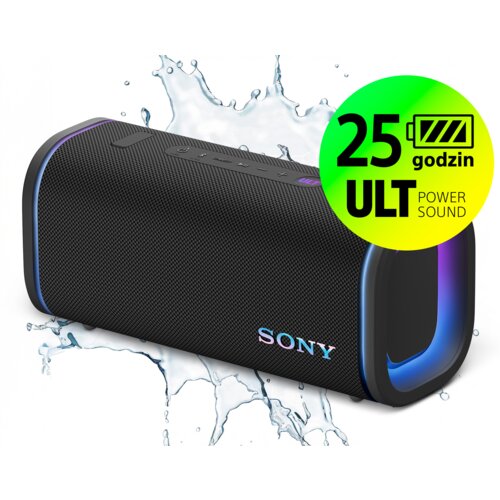 Czarny głośnik mobilny z logo "SONY" na siatce, otoczony rozpryskami wody, z kolorowymi akcentami świetlnymi na bokach. Obok głośnika znajduje się zielono-żółty okrąg z napisem "25 godzin ULT POWER SOUND".