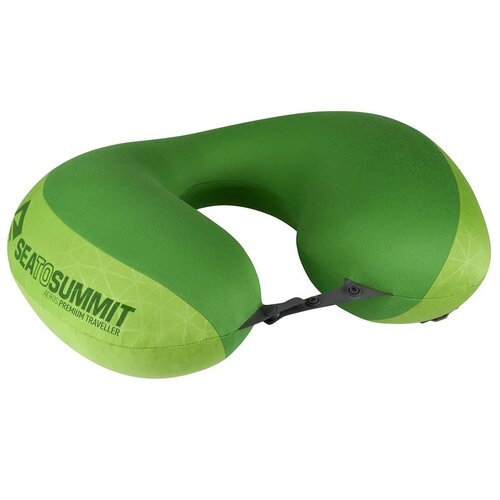 Zielona poduszka podróżna w kształcie litery U z widocznym napisem "SEA TO SUMMIT AEROS PREMIUM TRAVELLER" oraz małym zapięciem z przodu. Produkt ma jednolity kolor z delikatnym wzorem geometrycznym na powierzchni.