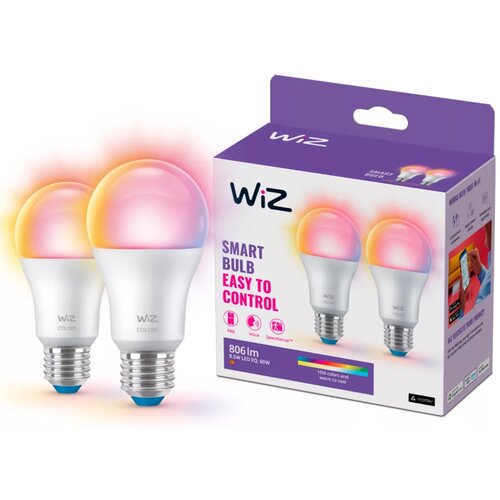 Na zdjęciu widoczne są dwie inteligentne żarówki LED z kolorowym światłem oraz opakowanie z napisem "WiZ SMART BULB EASY TO CONTROL". Na opakowaniu znajdują się ikony aplikacji, głosu i "Spectrum", a także informacje: "806 lm", "8.5 W LED Eq. 60W", "16M c