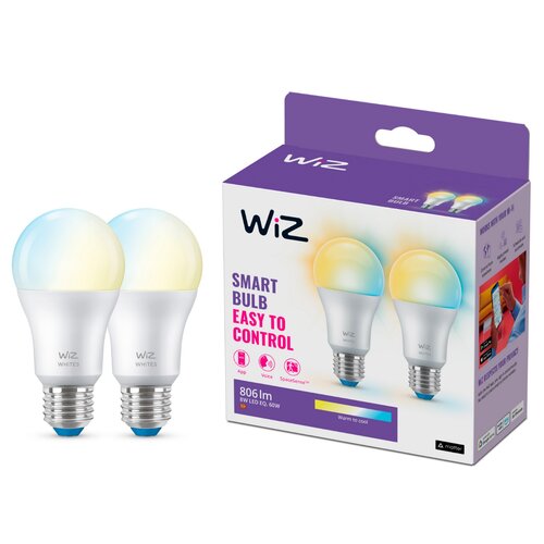 Dwa inteligentne żarówki LED z widocznym logo "WiZ" obok opakowania, na którym znajduje się napis "SMART BULB EASY TO CONTROL" oraz informacje: "806 lm", "8W LED EQ. 60W", "Warm to cool".