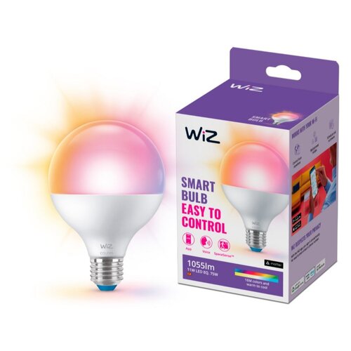 Na zdjęciu znajduje się inteligentna żarówka LED WIZ 929003604701 11 W E27 oraz jej opakowanie. Na opakowaniu widnieje napis: "WiZ SMART BULB EASY TO CONTROL", a także informacje o funkcjach: "App", "Voice", "Speed", "1055lm", "11W LED EQ, 75W", "16M colo