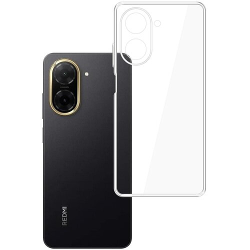 Na zdjęciu widoczny jest czarny telefon z dwoma obiektywami aparatu w złotej ramce oraz przezroczyste etui dopasowane do jego kształtu. Na obudowie telefonu znajduje się napis "REDMI".